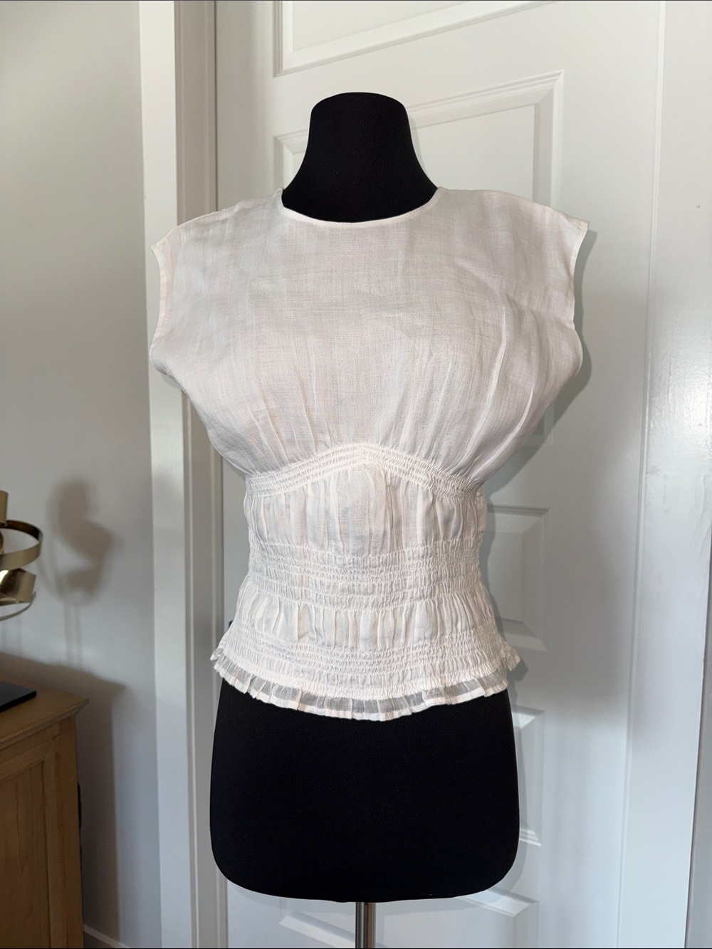 Frame Denim White Smocked Waist Cap-Sleeve Blouse Sz XS